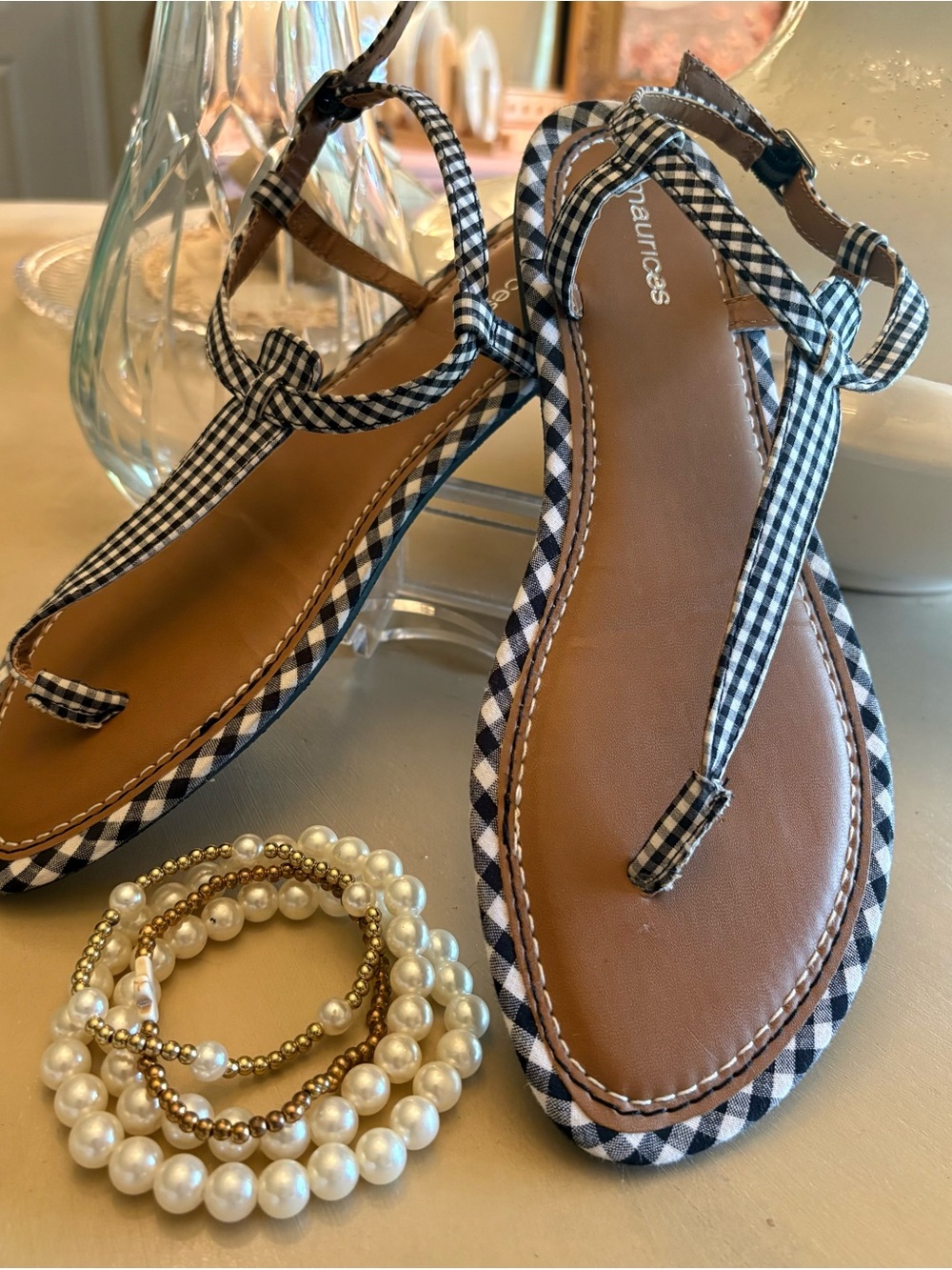 Maurices Black and White Gingham T-Strap Sandals - Picture 2 of 5